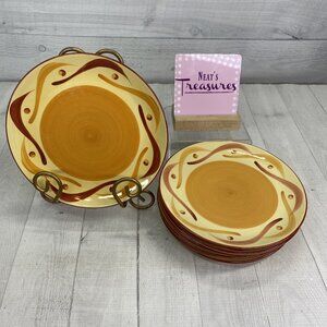 Gail Pittman SIENA Red Yellow Orange Squiggles Band Stoneware Salad Plates Set 6